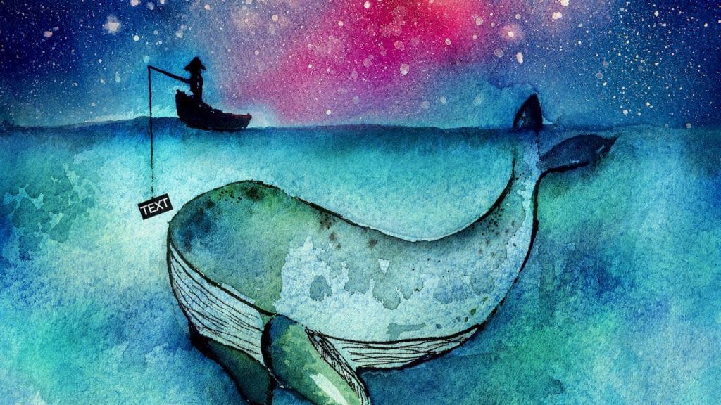 Ein Fischer zieht mit einem Text-Köder einen Wal an.