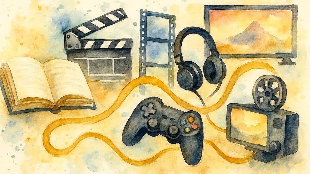 Aquarell im Querformat: Storytelling Aufbau als crossmediales Konzept – gleiche Geschichte über Buch, Film, Computerspiel, Hörspiel und Kino.