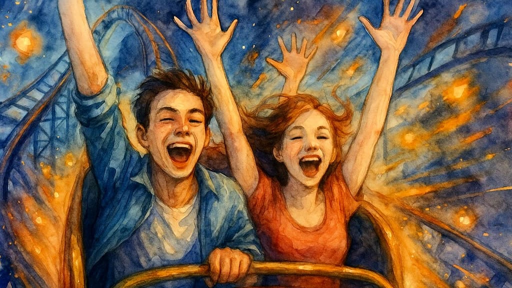 Aquarell, Frontansicht: Junges Paar in einer wilden Achterbahnfahrt – Symbol für eine spannende Geschichte.