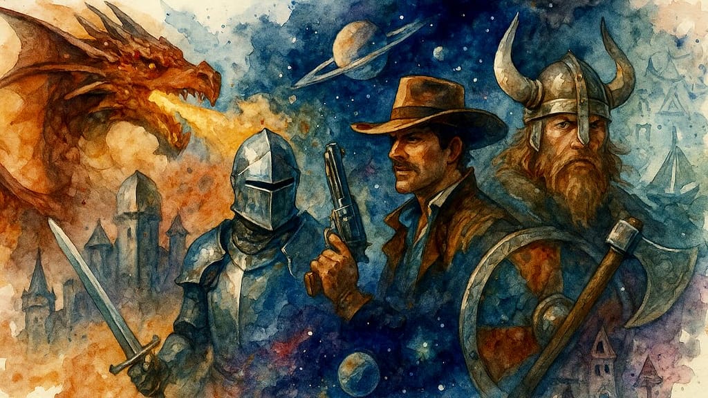 Storytelling: Collage aus Geschichten, Spacecowboy, Ritter, Drache, Wikinger.