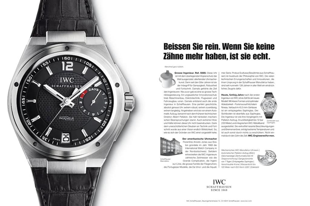 IWC Kommunikation. Headline von Philipp Barth, freier Texter für Accessoires.