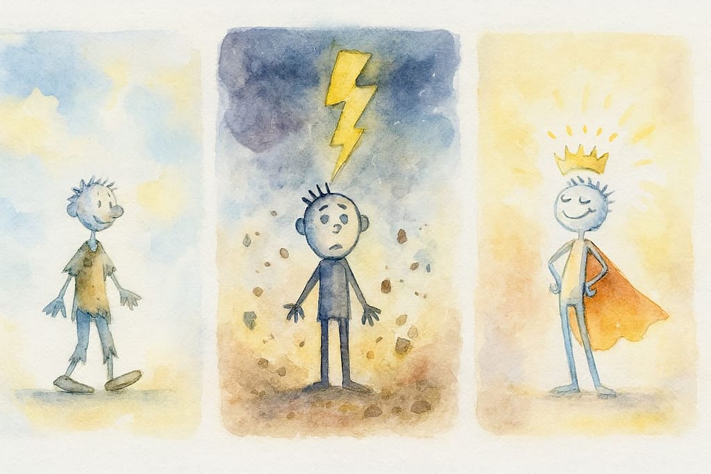 Entwicklung beim Storytelling: Vom Bettler zum König. Illustration.