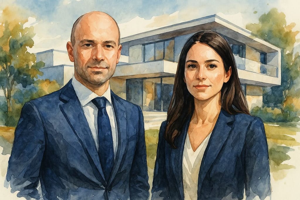 Family Office Kommunikation – Geschäftsleute, moderne Villa, seriöse Außenwirkung