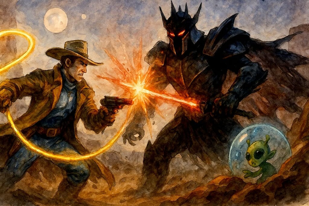 Held bekämpft Gegenspieler. Illustration des Kampfes.