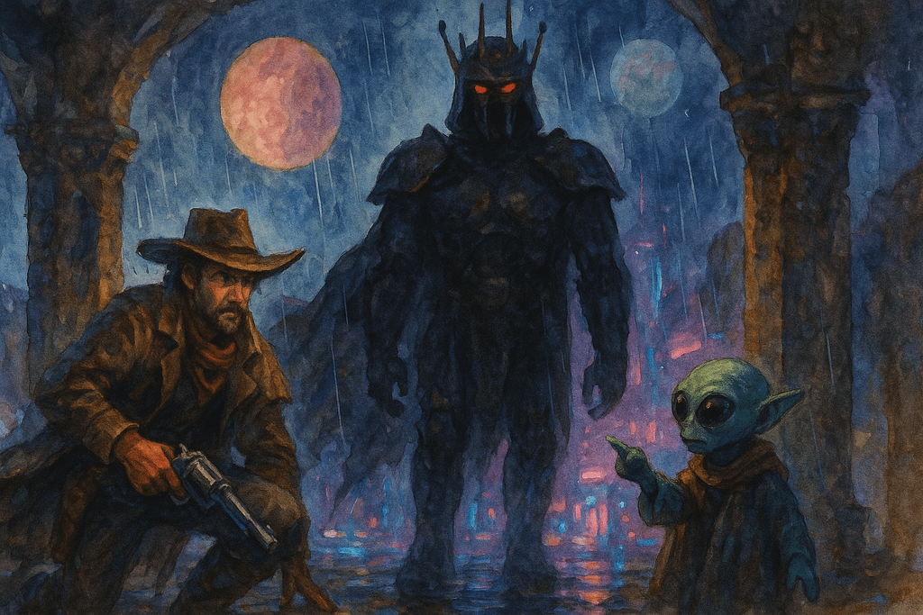Aquarell im Querformat: Storytelling Elemente in neuer Szene – Space-Cowboy (Held), finsterer Roboter-König (Gegenspieler) und kleiner Außerirdischer (Mentor).