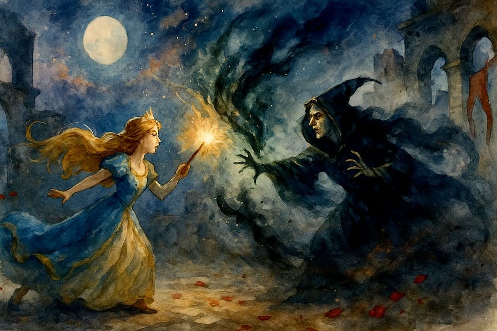 Storytelling Techniken: Illustration eines Kampfes zwischen Prinzessin und Zauberin.