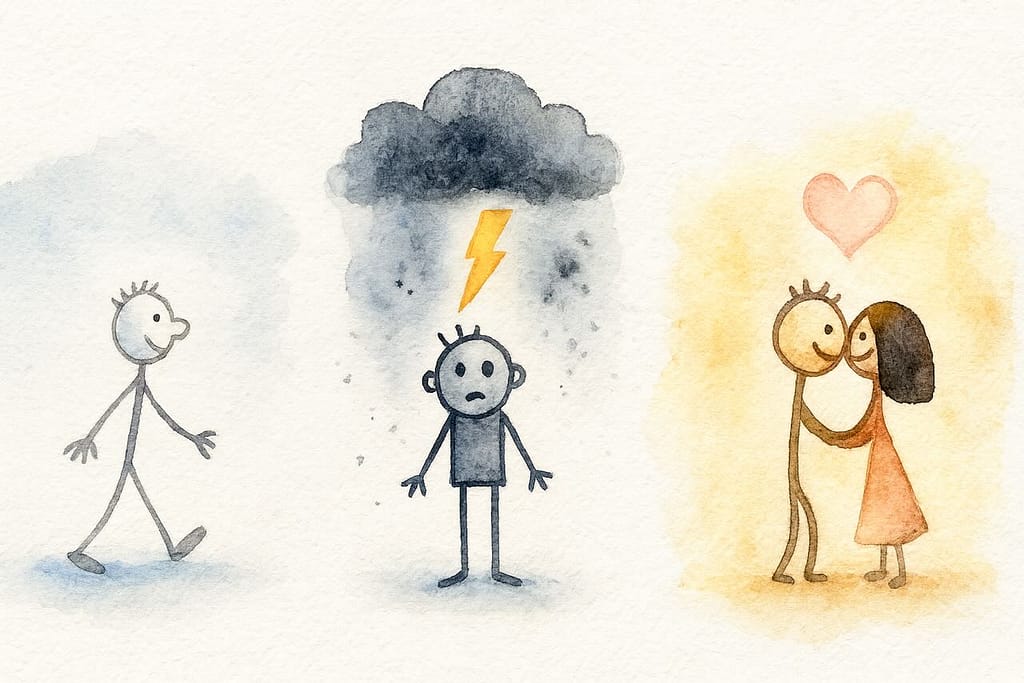 Entwicklung beim Geschichten: Vom Single zum glücklich Verliebten. Illustration.