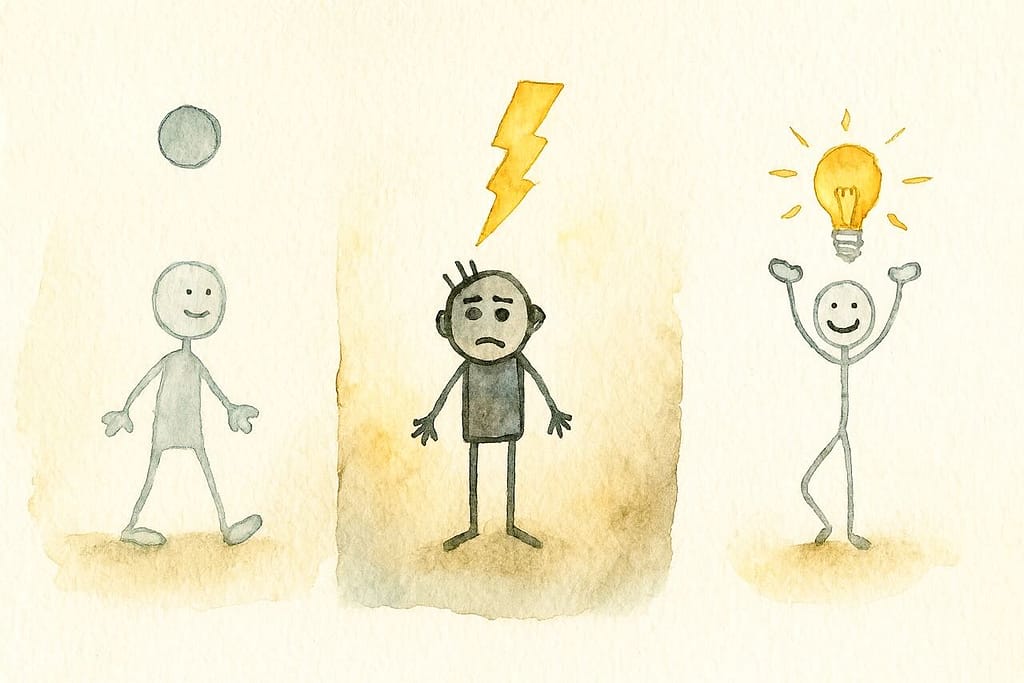 Entwicklung beim Storytelling: Vom Suchenden zum Findenden. Illustration.