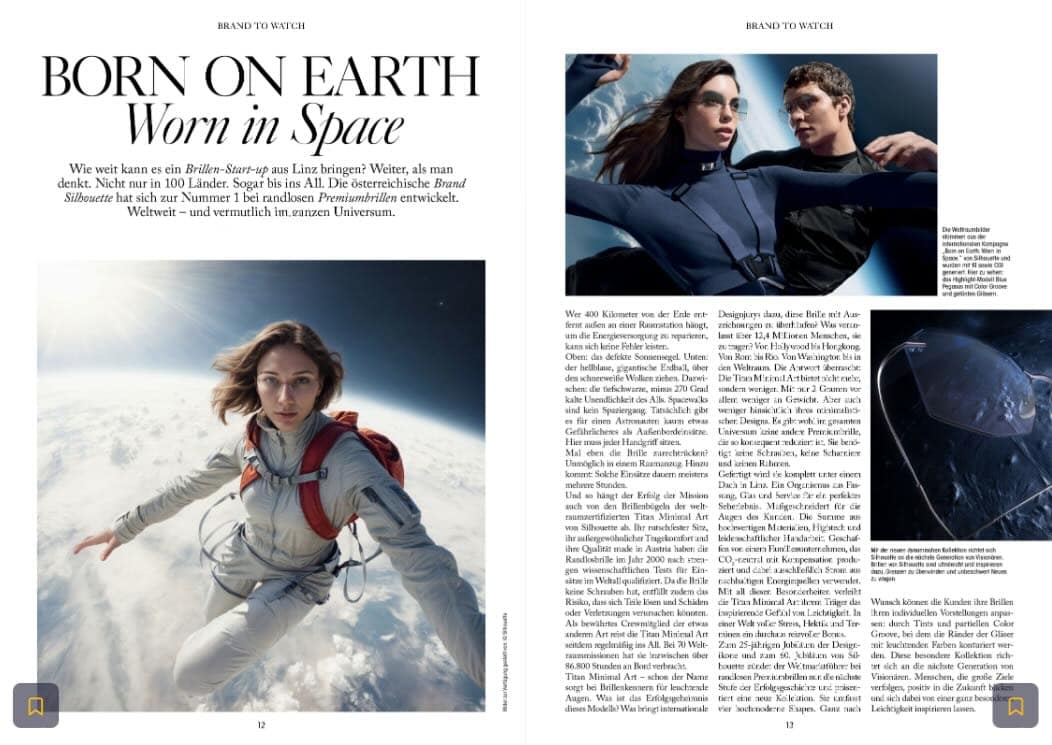 Silhouette ist Marktführer bei randlosen Premiumbrillen. Freier Texter für Accessoires.