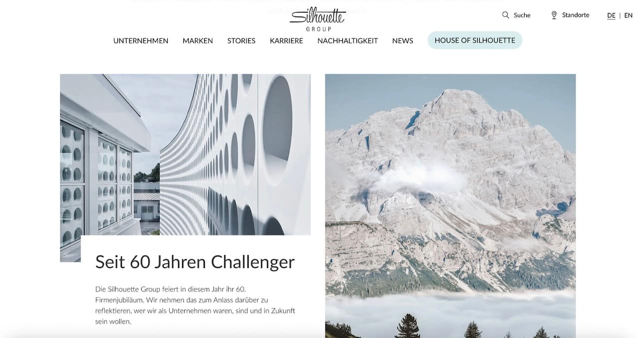 Die Silhouette Group Website informiert über das Unternehmen. Freier Texter für Accessoires.
