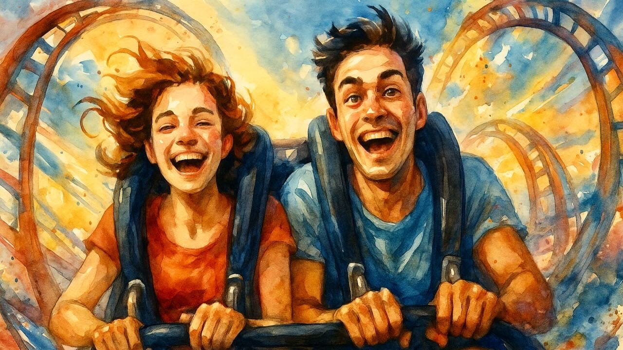Storytelling Aufbau. Aquarell: Junges Paar in der Achterbahn – Sinnbild für einen fesselnden Storytelling-Aufbau.