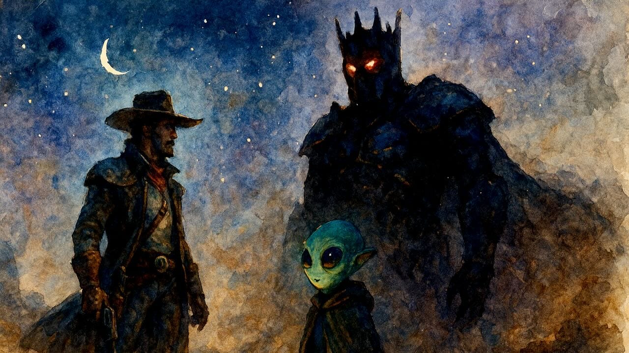 Aquarell im Querformat: Storytelling Elemente – Held (Space-Cowboy), Gegenspieler (finsterer Roboter-König) und Mentor (kleiner Außerirdischer).