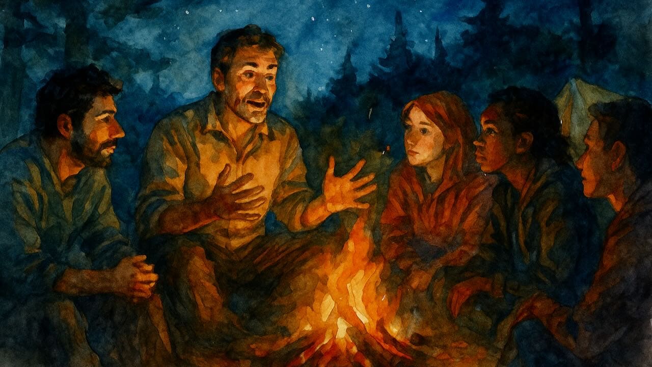 Storytelling: Ein Mann erzählt seinen Freunden am Feuer eine Geschichte.